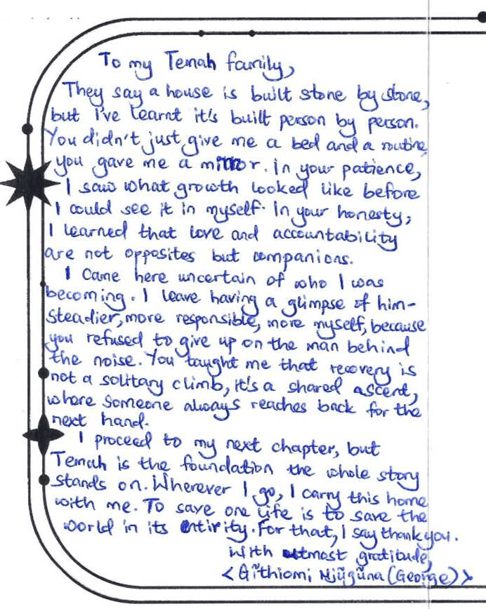 The original handwritten card, transcribed in full alongside.